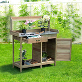 Outdoor Potting Bench Table, Fir Wood Garden Workstation with Metal Tabletop, Cabinet & Drawer, Storage Shelf for Backyard, Balcony