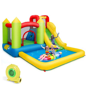 5-in-1 Kids Inflatable Water Slide Bounce House Water Park with 480W Air Blower, Trampoline, Large Splash Pool & Climbing Wall for Backyard Fun