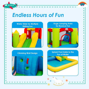 5-in-1 Kids Inflatable Water Slide Bounce House Water Park with 480W Air Blower, Trampoline, Large Splash Pool & Climbing Wall for Backyard Fun