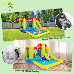 5-in-1 Kids Inflatable Water Slide Bounce House Water Park with 480W Air Blower, Trampoline, Large Splash Pool & Climbing Wall for Backyard Fun