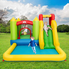 5-in-1 Kids Inflatable Water Slide Bounce House Water Park with 480W Air Blower, Trampoline, Large Splash Pool & Climbing Wall for Backyard Fun