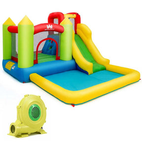 5-in-1 Kids Inflatable Water Slide Bounce House Water Park with 480W Air Blower, Trampoline, Large Splash Pool & Climbing Wall for Backyard Fun