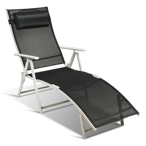 Folding Outdoor Chaise Lounge Chair, 7-Position Adjustable Reclining Pool Beach Chair Patio Sun Lounger with Removable Cushion & Pillow