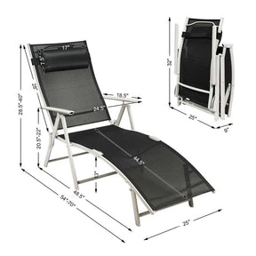 Folding Outdoor Chaise Lounge Chair, 7-Position Adjustable Reclining Pool Beach Chair Patio Sun Lounger with Removable Cushion & Pillow