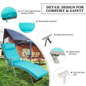 Folding Outdoor Chaise Lounge Chair, 7-Position Adjustable Reclining Pool Beach Chair Patio Sun Lounger with Removable Cushion & Pillow