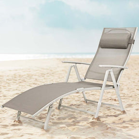 Folding Outdoor Chaise Lounge Chair, 7-Position Adjustable Reclining Pool Beach Chair Patio Sun Lounger with Removable Cushion & Pillow