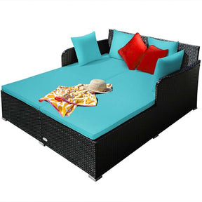 Outdoor Wicker Rattan Daybed, 2 Person Patio Chaise Lounge Chair with Cushions & 4 Pillows for Poolside Backyard Garden Balcony
