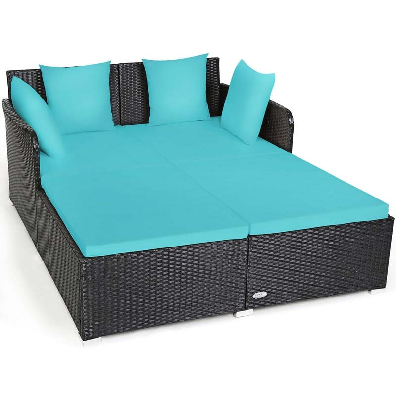 Outdoor Wicker Rattan Daybed, 2 Person Patio Chaise Lounge Chair with Cushions & 4 Pillows for Poolside Backyard Garden Balcony