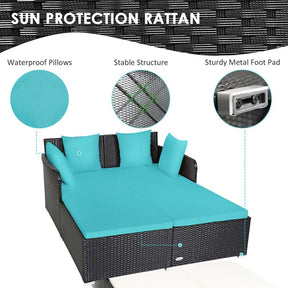 Outdoor Wicker Rattan Daybed, 2 Person Patio Chaise Lounge Chair with Cushions & 4 Pillows for Poolside Backyard Garden Balcony