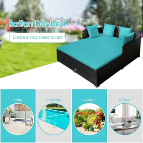 Outdoor Wicker Rattan Daybed, 2 Person Patio Chaise Lounge Chair with Cushions & 4 Pillows for Poolside Backyard Garden Balcony