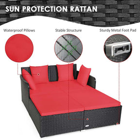 Outdoor Wicker Rattan Daybed, 2 Person Patio Chaise Lounge Chair with Cushions & 4 Pillows for Poolside Backyard Garden Balcony