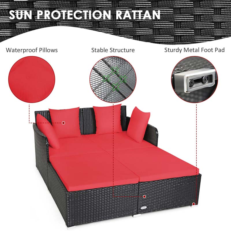 Outdoor Wicker Rattan Daybed, 2 Person Patio Chaise Lounge Chair with Cushions & 4 Pillows for Poolside Backyard Garden Balcony