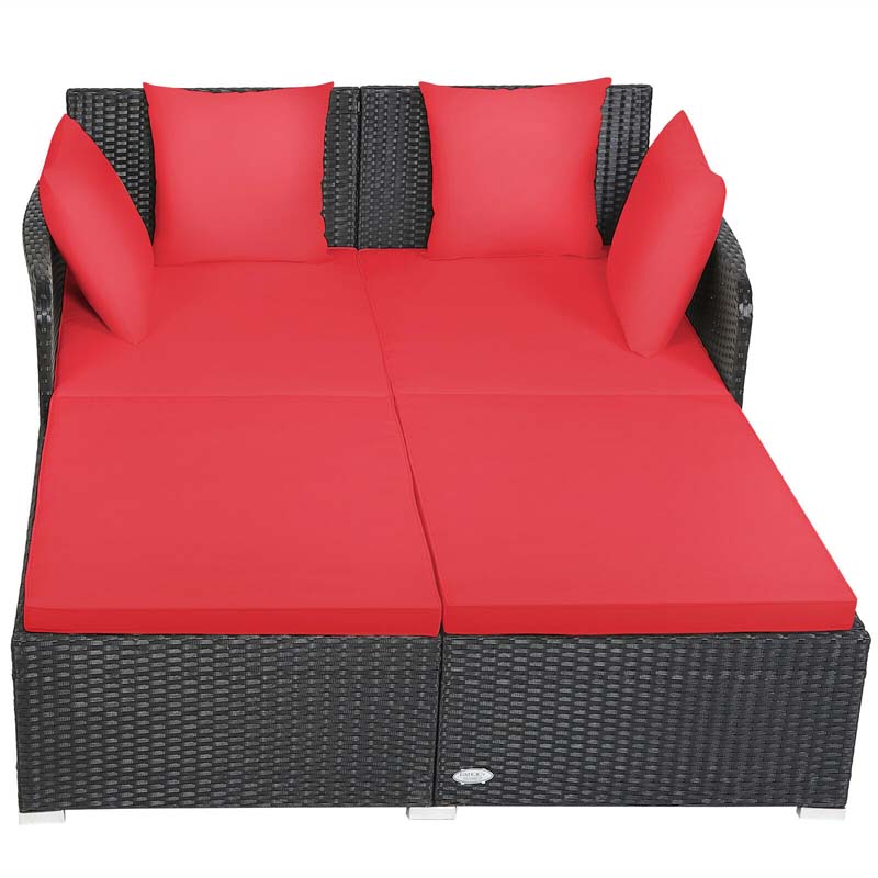 Outdoor Wicker Rattan Daybed, 2 Person Patio Chaise Lounge Chair with Cushions & 4 Pillows for Poolside Backyard Garden Balcony