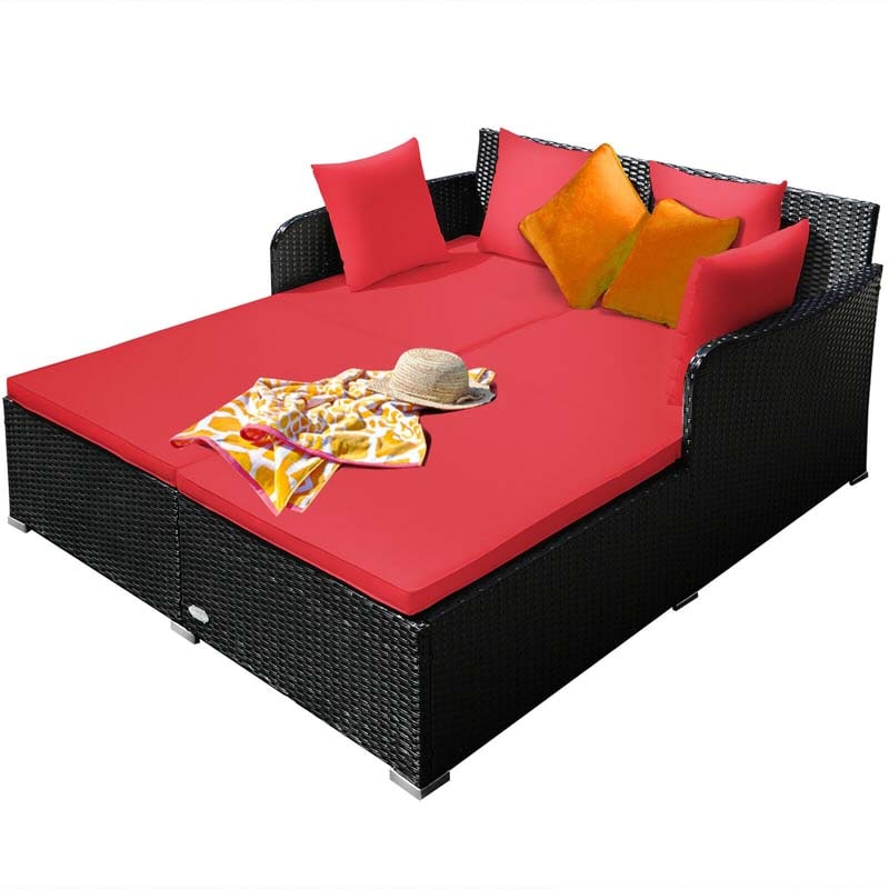 Outdoor Wicker Rattan Daybed, 2 Person Patio Chaise Lounge Chair with Cushions & 4 Pillows for Poolside Backyard Garden Balcony