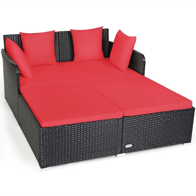 Outdoor Wicker Rattan Daybed, 2 Person Patio Chaise Lounge Chair with Cushions & 4 Pillows for Poolside Backyard Garden Balcony
