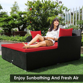 Outdoor Wicker Rattan Daybed, 2 Person Patio Chaise Lounge Chair with Cushions & 4 Pillows for Poolside Backyard Garden Balcony