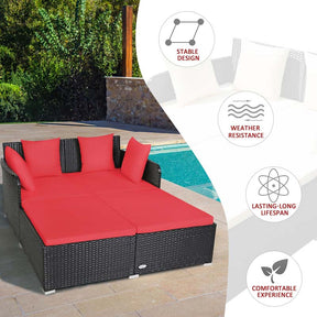 Outdoor Wicker Rattan Daybed, 2 Person Patio Chaise Lounge Chair with Cushions & 4 Pillows for Poolside Backyard Garden Balcony