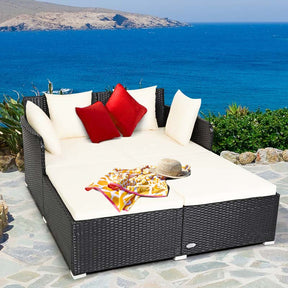 Outdoor Wicker Rattan Daybed, 2 Person Patio Chaise Lounge Chair with Cushions & 4 Pillows for Poolside Backyard Garden Balcony
