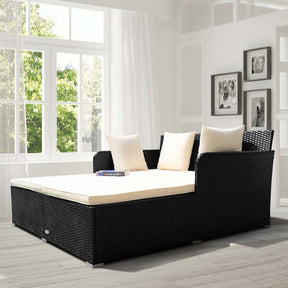 Outdoor Wicker Rattan Daybed, 2 Person Patio Chaise Lounge Chair with Cushions & 4 Pillows for Poolside Backyard Garden Balcony