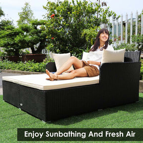 Outdoor Wicker Rattan Daybed, 2 Person Patio Chaise Lounge Chair with Cushions & 4 Pillows for Poolside Backyard Garden Balcony