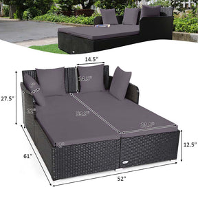 Outdoor Wicker Rattan Daybed, 2 Person Patio Chaise Lounge Chair with Cushions & 4 Pillows for Poolside Backyard Garden Balcony