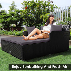 Outdoor Wicker Rattan Daybed, 2 Person Patio Chaise Lounge Chair with Cushions & 4 Pillows for Poolside Backyard Garden Balcony
