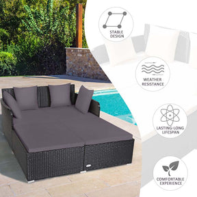 Outdoor Wicker Rattan Daybed, 2 Person Patio Chaise Lounge Chair with Cushions & 4 Pillows for Poolside Backyard Garden Balcony