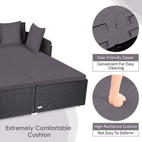 Outdoor Wicker Rattan Daybed, 2 Person Patio Chaise Lounge Chair with Cushions & 4 Pillows for Poolside Backyard Garden Balcony