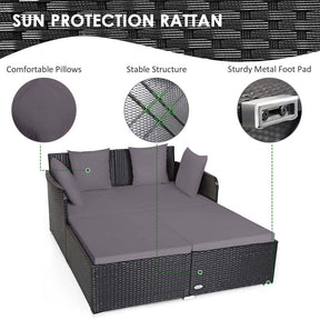 Outdoor Wicker Rattan Daybed, 2 Person Patio Chaise Lounge Chair with Cushions & 4 Pillows for Poolside Backyard Garden Balcony