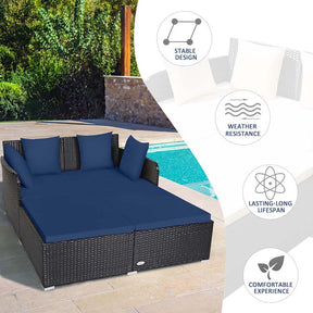 Outdoor Wicker Rattan Daybed, 2 Person Patio Chaise Lounge Chair with Cushions & 4 Pillows for Poolside Backyard Garden Balcony