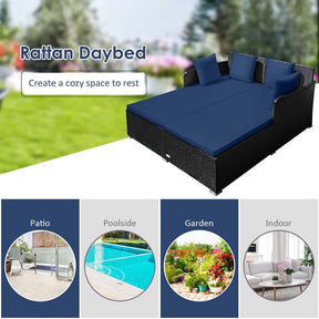 Outdoor Wicker Rattan Daybed, 2 Person Patio Chaise Lounge Chair with Cushions & 4 Pillows for Poolside Backyard Garden Balcony