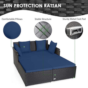 Outdoor Wicker Rattan Daybed, 2 Person Patio Chaise Lounge Chair with Cushions & 4 Pillows for Poolside Backyard Garden Balcony