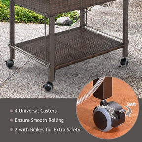 108 QT Rattan Patio Rolling Cooler Cart, Outdoor Side Table Bar Cart with Cooler & Lower Shelf for Beverage Wine