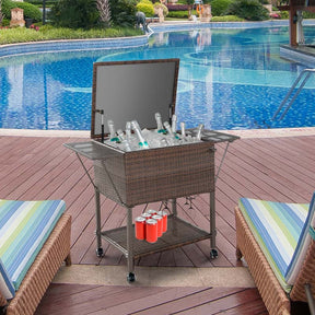 108 QT Rattan Patio Rolling Cooler Cart, Outdoor Side Table Bar Cart with Cooler & Lower Shelf for Beverage Wine