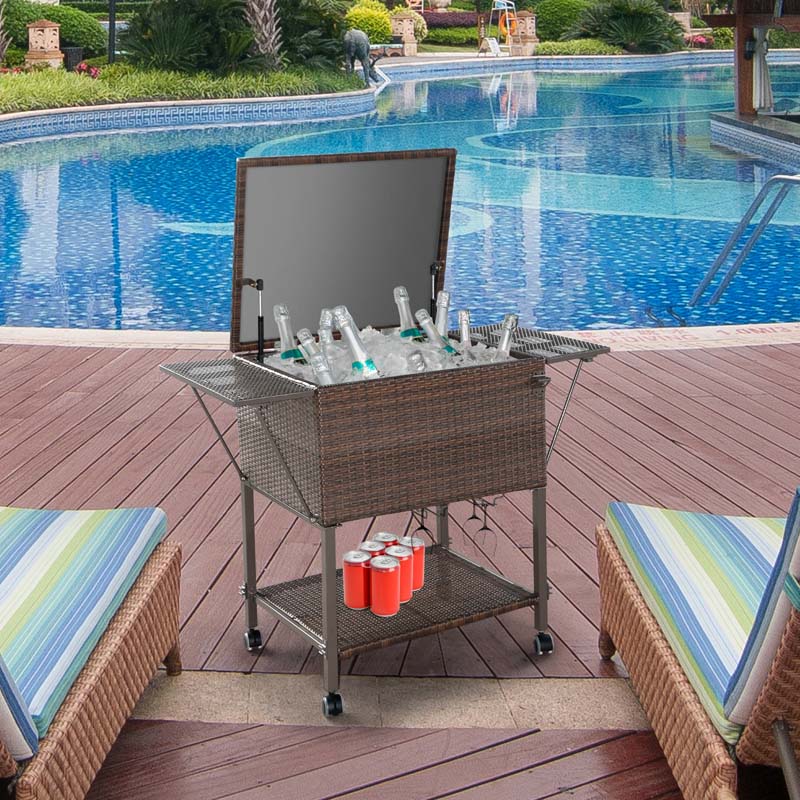 108 QT Rattan Patio Rolling Cooler Cart, Outdoor Side Table Bar Cart with Cooler & Lower Shelf for Beverage Wine