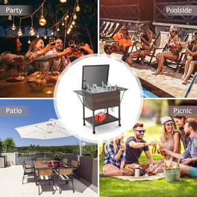 108 QT Rattan Patio Rolling Cooler Cart, Outdoor Side Table Bar Cart with Cooler & Lower Shelf for Beverage Wine
