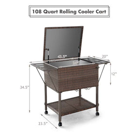 108 QT Rattan Patio Rolling Cooler Cart, Outdoor Side Table Bar Cart with Cooler & Lower Shelf for Beverage Wine
