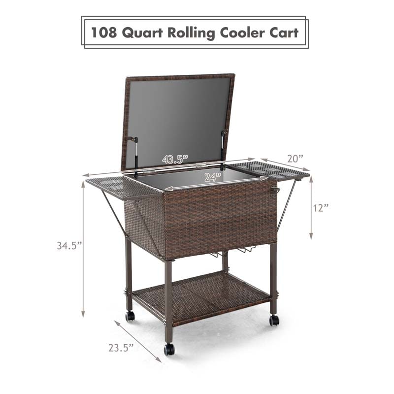 108 QT Rattan Patio Rolling Cooler Cart, Outdoor Side Table Bar Cart with Cooler & Lower Shelf for Beverage Wine