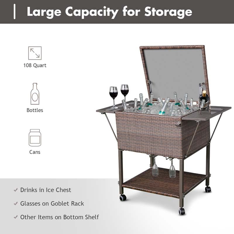 108 QT Rattan Patio Rolling Cooler Cart, Outdoor Side Table Bar Cart with Cooler & Lower Shelf for Beverage Wine