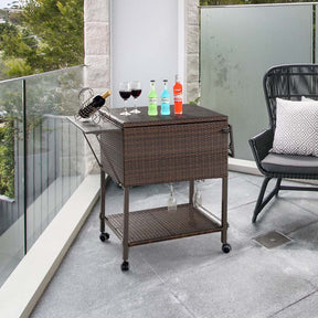 108 QT Rattan Patio Rolling Cooler Cart, Outdoor Side Table Bar Cart with Cooler & Lower Shelf for Beverage Wine
