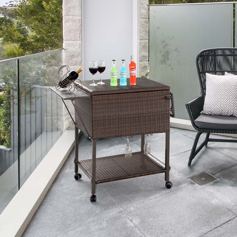 108 QT Rattan Patio Rolling Cooler Cart, Outdoor Side Table Bar Cart with Cooler & Lower Shelf for Beverage Wine