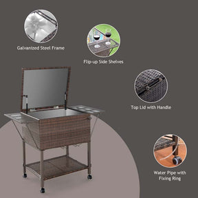 108 QT Rattan Patio Rolling Cooler Cart, Outdoor Side Table Bar Cart with Cooler & Lower Shelf for Beverage Wine