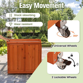 2-Door Garden Potting Bench Table, Wooden Outdoor Storage Cabinet with Removable Shelf & 4 Universal Wheels