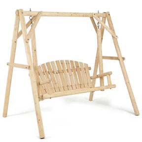 A-Frame Wood Log Patio Porch Swing with Stand, Outdoor Rustic Curved Back Swing Chair for Garden Yard