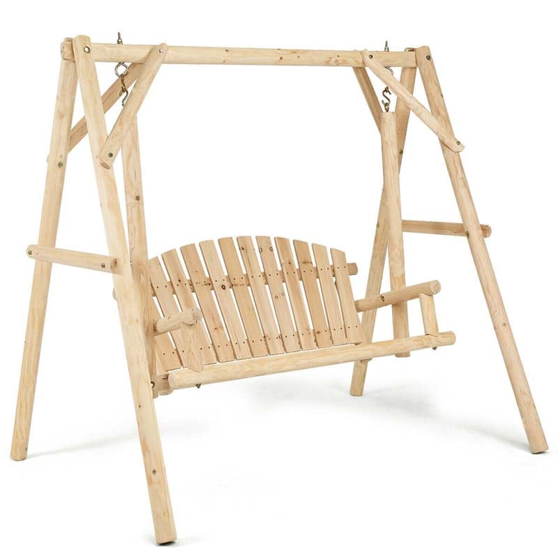 A-Frame Wood Log Patio Porch Swing with Stand, Outdoor Rustic Curved Back Swing Chair for Garden Yard