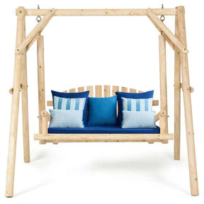 A-Frame Wood Log Patio Porch Swing with Stand, Outdoor Rustic Curved Back Swing Chair for Garden Yard