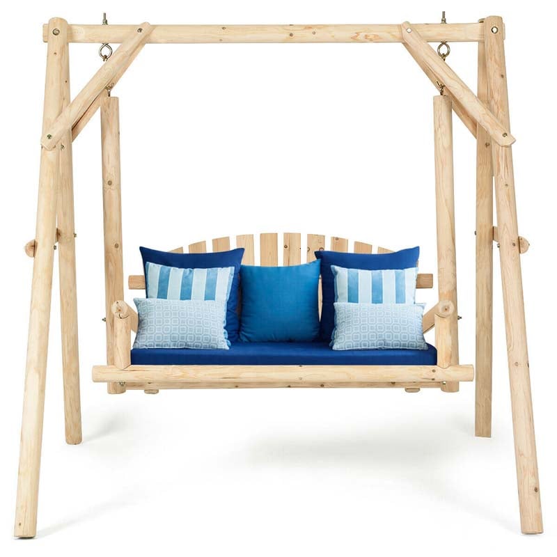 A-Frame Wood Log Patio Porch Swing with Stand, Outdoor Rustic Curved Back Swing Chair for Garden Yard