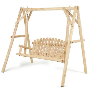 A-Frame Wood Log Patio Porch Swing with Stand, Outdoor Rustic Curved Back Swing Chair for Garden Yard