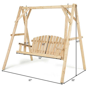 A-Frame Wood Log Patio Porch Swing with Stand, Outdoor Rustic Curved Back Swing Chair for Garden Yard