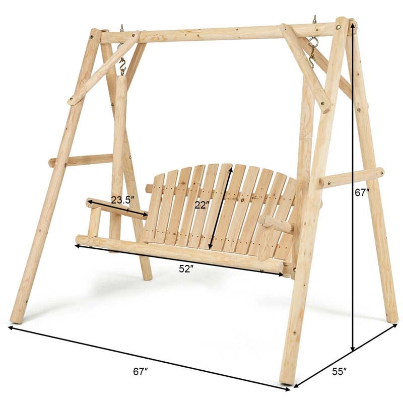 A-Frame Wood Log Patio Porch Swing with Stand, Outdoor Rustic Curved Back Swing Chair for Garden Yard